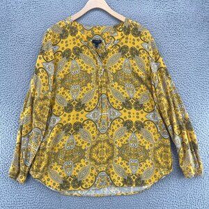 Talbots Top Womens Large Yellow Paisley V Neck Pleat Long Sleeve Pullover Boho